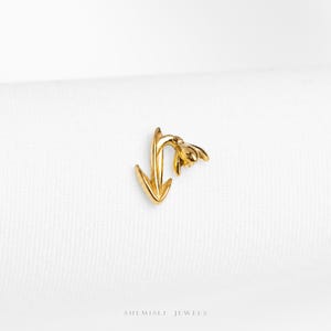 May include: A gold-coloured brooch depicting a stylised flower and an arrow pointing downwards. The brooch is set against a white background. The text "SHEMISLI JEWELS" is at the bottom.