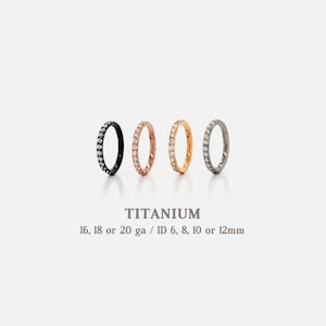 Peut inclure: Quatre boucles d'oreilles créoles en titane noir, or rose, or et argent, chacune incrustée de petits cristaux transparents. Le mot "TITANIUM" est affiché en dessous, avec les spécifications de taille.