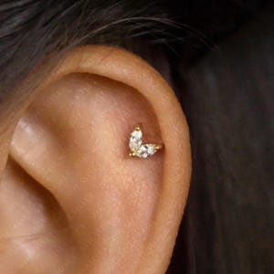 May include: A gold-coloured ear piercing in the shape of a butterfly. The butterfly design is made of clear, sparkling gemstones. The piercing is set against the skin of an ear.