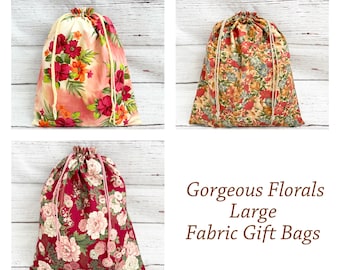 Gorgeous Floral Large Drawstring Fabric Gift Bags, Fathers Day Gift, Wedding or Bridal Gift, Reusable Sustainable Gift Bags