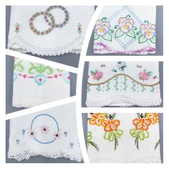 Vintage embroidered pillowcase singles with crocheted lace edges, choose design, vintage linens, most standard sizes Il_570xn