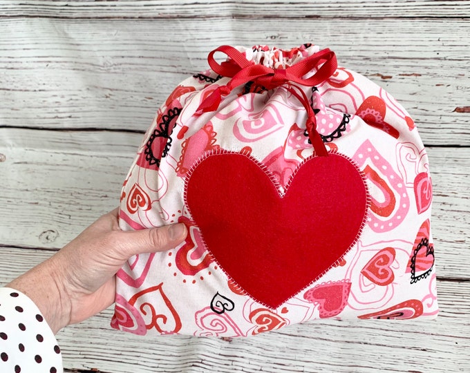 Featured listing image: Boyfriend Girlfriend Love gift,  drawstring fabric gift bags, heart appliqué, sustainable reusable storage bags, 11 x 11, double drawstring