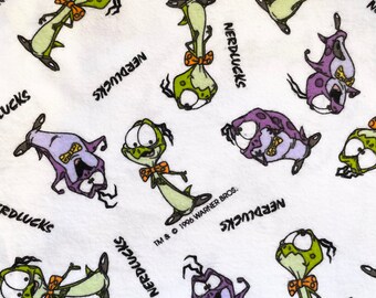 Warner Bros 1996 Nerdlucks Space Jam vintage flannel fabric by the yard, rare, gift for nerd, 45 wide new fabric, white with cartoon print