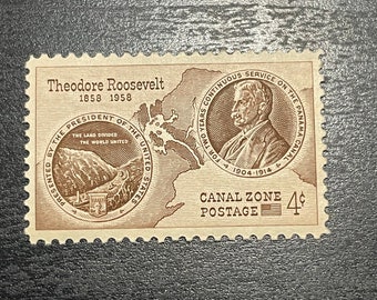 Postage Stamp, Canal Zone - 1958 - 4 Cents Brown Teddy Roosevelt & Canal Zone Map, was Lightly Hinged, Scott #150