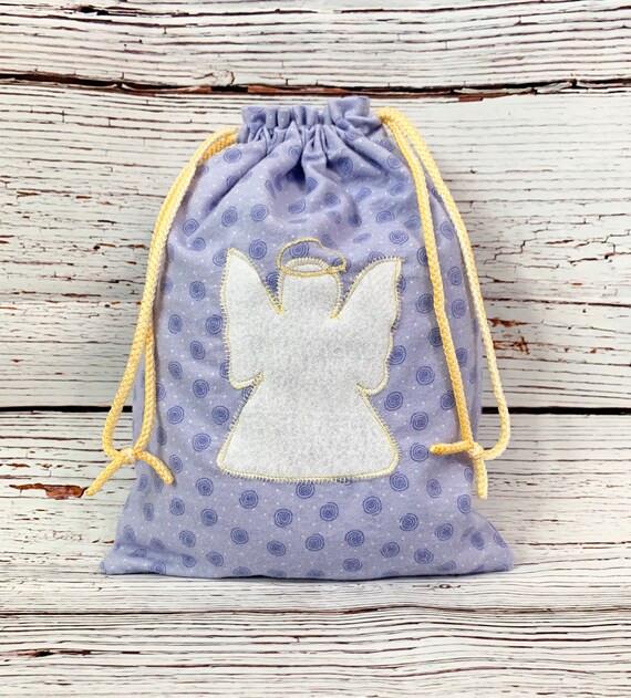 Sustainable Guardian angel fabric gift bag for Valentines/baby shower/double drawstring 9.5 x 13/ lavender flannel angel appliqué/pajama bag Il_570xn