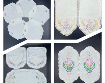 Vintage embroidered and crocheted lace doily sets, dresser scarfs, Cottagecore, Linen Doilies, embroidery, Farmhouse decor