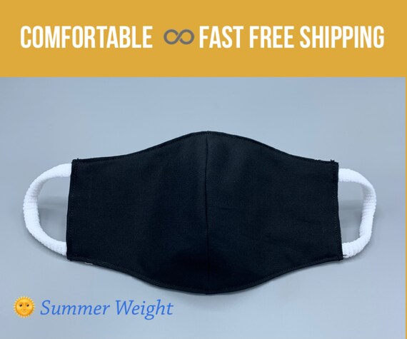 Summer weight black cotton face mask for work, 3 layers w/ filter pocket, soft ear loops, hands off face mask, washable, sizes S M L XL Il_570xn
