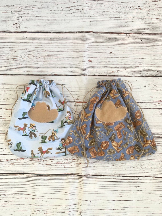 Cowboy theme fabric gift bags, Baby Shower Gift, Sustainable reusable drawstring bags, rodeo or horse lovers gift, Western, 2 styles Il_570xn