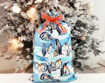 Penguin Print Gift Bags, Reusable Christmas fabric gift bag, gift for penguin lovers, double ribbon drawstring, 9.5 x 15.5,reusable gift bag