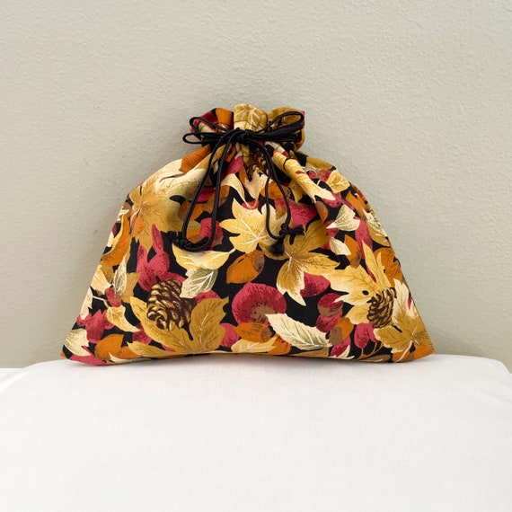 Fall Leaf Design Lined Drawstring Storage Bag, Fabric gift bag, cosmetics make-up bag, jewelry travel bag, reusable bag, 9 x 10 Il_570xn