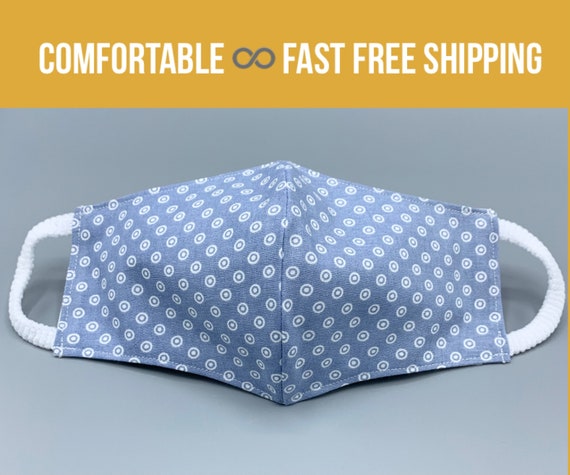Favorite mask, blue cotton print face mask, 3 layers w/ filter pocket, nose wire seam, soft ear loops, washable, reusable, sizes P S M L XL Il_570xn