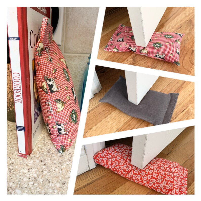 A fabric bag case that can be filled with beans, rice, pebbles and more to use as a door holder.