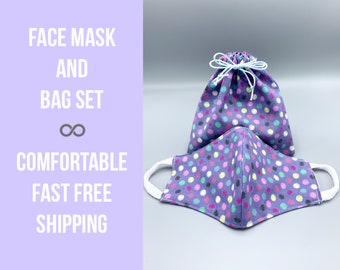 Face mask and/or matching carry bag, polka dot, 3 layer with filter pocket, soft ear loops, washable, reusable, 3 colors, 7 sizes