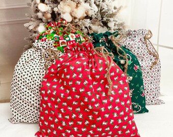 Vintage Retro Christmas Fabric Gift Bags, 70’s, 80’s, 90’s prints, drawstring, reusable sustainable