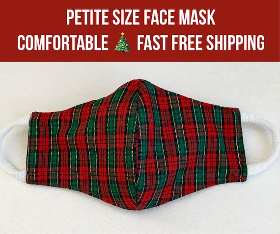 PETITE size Christmas plaid fabric face mask, 3 layers filter pocket, soft ear loops, washable cloth mask, ear loop sizes S M L Il_570xn