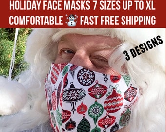 Comfortable Christmas prints face masks, 3 layers filter pocket, soft ear loops, face warmer, washable, Extra Large + 6 sizes, 3 prints