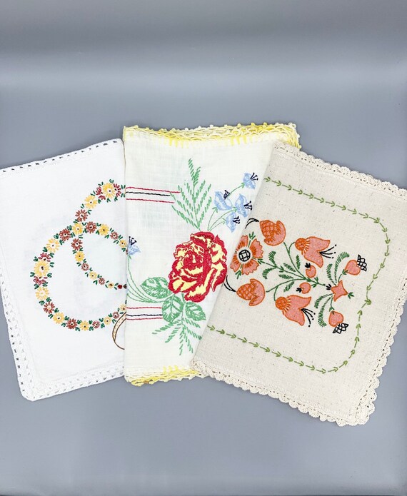Vintage Rectangular Table Runners Dresser Scarves Linen Or Cotton With Embroidery Crochet Edges Choose Floral Designs By Giftgarbbags Catch My Party