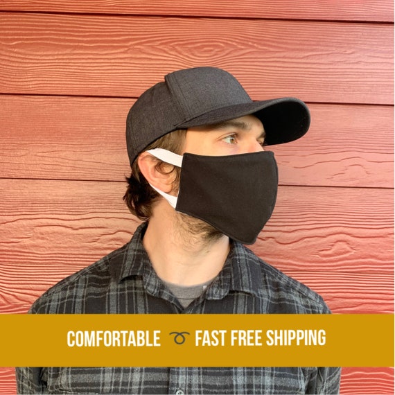 Black cotton face mask and/or carry bag, mask for work, 3 layers w/ filter pocket, soft ear loops, washable, reusable, size S M L XL Il_570xn