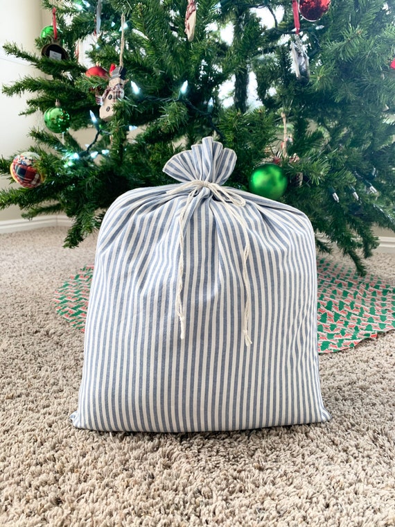 Farmhouse style decor blue striped fabric gift bags, sustainable reusable gift wrap, rustic style cloth bags for presents or decor Il_570xn