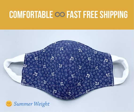 Blue floral cotton face mask, 3 layers with filter pocket, soft ear loops, hands off face mask, washable and reusable, sizes S M L XL Il_570xn