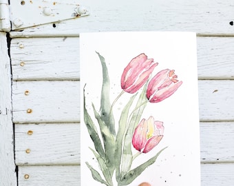 Original Watercolor / 5.5 x 7.5" / Pink Tulips