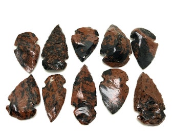 Handcrafted Mahogany Obsidian Arrowheads: Black Brown Stone, Set of 10