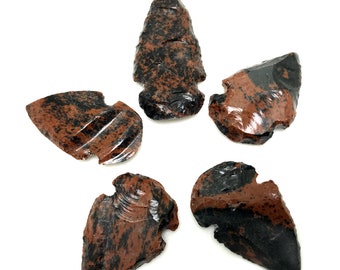 5 Handcrafted Mahogany Obsidian Arrowheads: Black Brown Stone