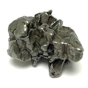 May include: A dark gray meteorite with a rough, irregular surface. The meteorite has a unique, almost organic shape, with many small craters and ridges.