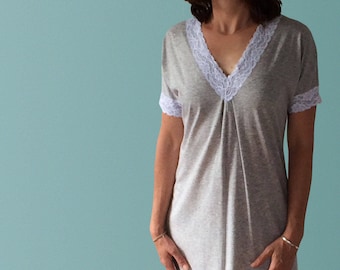 Hayman Winter Organic Cotton Nightgown with Lace - Light Grey Marle