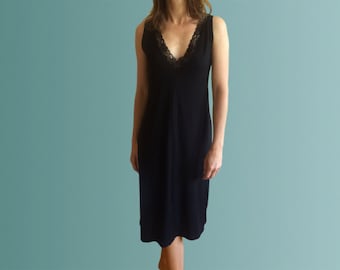 Mustique Organic Black Cotton Nightgown with Lace Trim