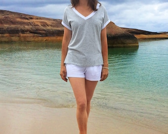Ibiza Organic Cotton PJ Set - Light Grey with White Trim and White Shorts