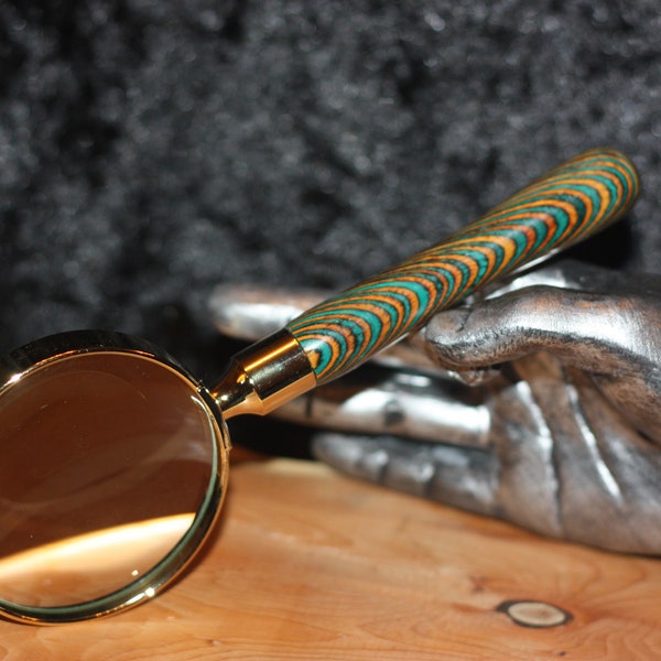 Handturned wood handle magnifying glass rainbow duo