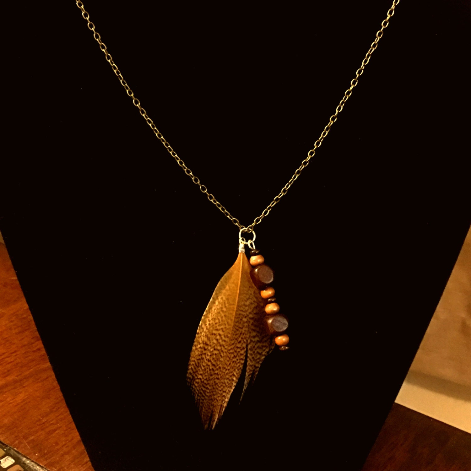 Handmade Feather & Bead Necklace Brown Wood Natural Boho Etsy