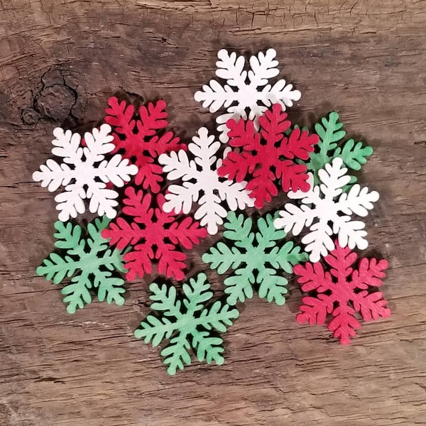 Green, Red and White Pre-painted Wood Laser Cut 1 1/2" Snowflakes - Package of 10 - For Wood Crafts, Signs Etc.