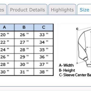 May include: A size chart for a sweatshirt, with measurements in inches. The chart includes sizes SM to 3XL, with corresponding width, height, and sleeve center back measurements. A diagram illustrates the measurement points.