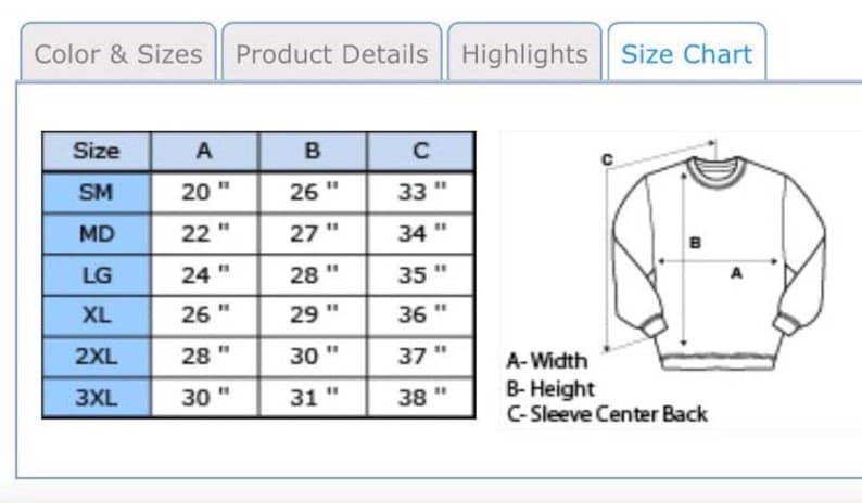 May include: A size chart for a sweatshirt, with measurements in inches. The chart includes sizes SM to 3XL, with corresponding width, height, and sleeve center back measurements. A diagram illustrates the measurement points.