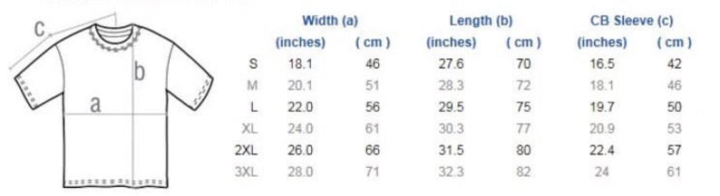 May include: White t-shirt with measurements for width, length, and CB sleeve in inches and centimeters. Sizes range from S to 3XL. The width of a size L is 22.0 inches (56 cm), length is 29.5 inches (75 cm), and CB sleeve is 19.7 inches (50 cm).