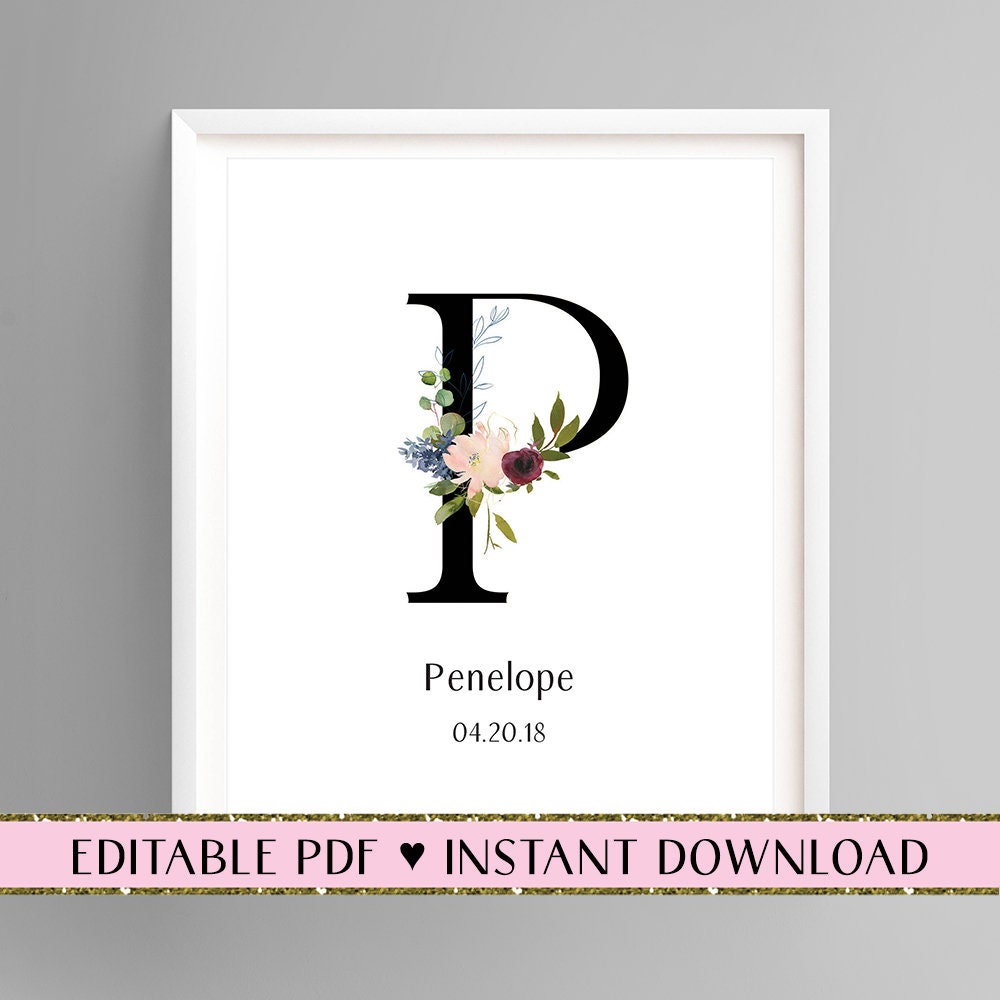 Personalized Floral Letter P Floral Monogram Print Nursery Etsy