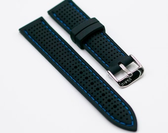 Black Perforated Silicone Watch Strap with Blue Stitching (20mm-22mm)