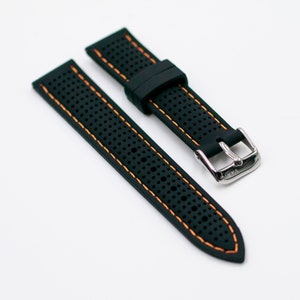 Black Perforated Silicone Watch Strap with Orange Stitching (20mm-22mm)
