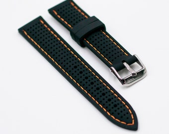 Black Perforated Silicone Watch Strap with Orange Stitching (20mm-22mm)