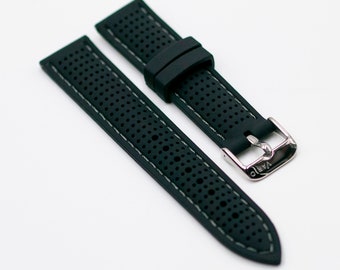 Black Perforated Silicone Watch Strap with Dark Grey Stitching (20mm-22mm)