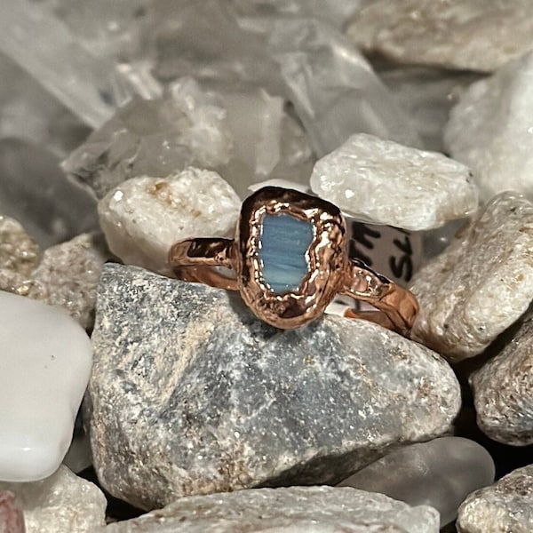 Blue Stone Ring Size 7 1/2 Electroformed Vintage Iron Ore Slag Hand Textured Narrow Copper Band Handmade Ring Unique Gift