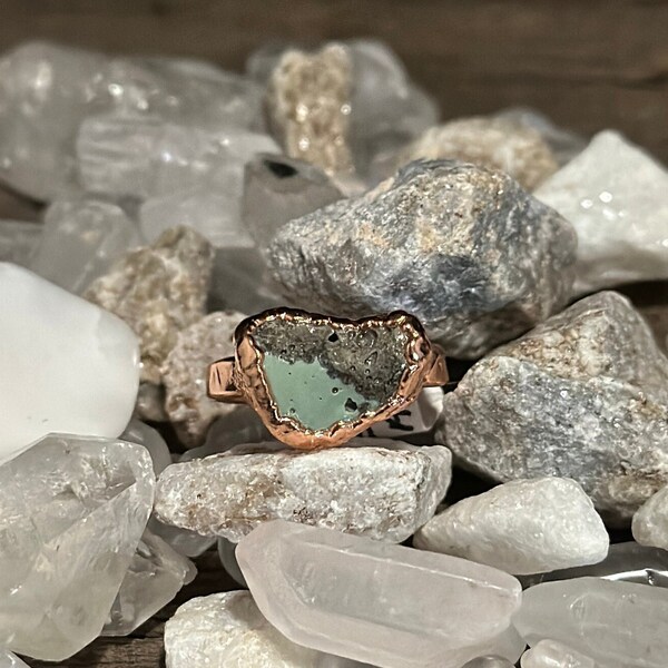 Green Stone Ring Size 9 Unique Vintage Iron Ore Slag Electroformed Ring Hand Textured Narrow Copper Band Great Gift