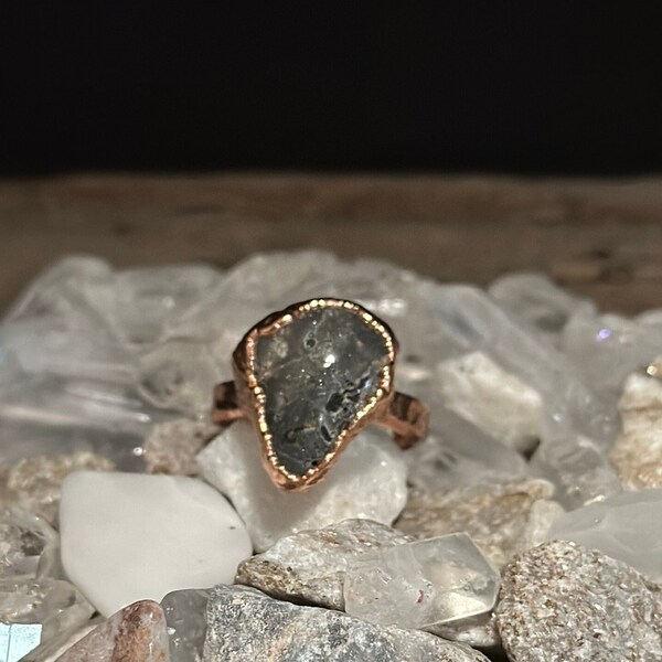 Unusual Gray Stone Ring Size 10 1/4 Vintage Iron Ore Slag Electroformed Ring Copper Hand Textured Narrow Band Very Unique Gift
