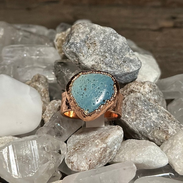 Beautiful Blue Stone Ring Size 8 Vintage Iron Ore Slag Electroformed Ring Copper Hand Textured Wide Band Copper Ring Handmade Jewelry