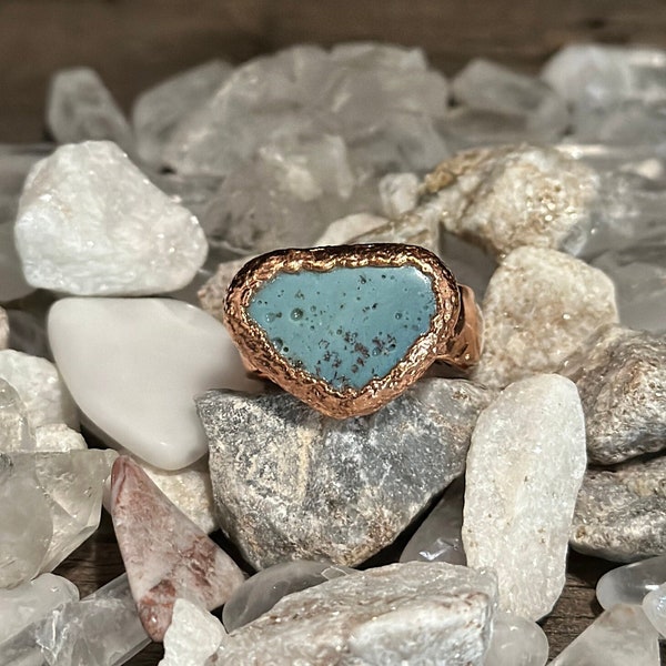 Teal Blue Heart Shape Ring Size 10 3/4 Vintage Iron Ore Slag Electroformed Copper Hand Textured Wide Copper Band Wear A Piece of History