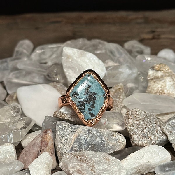 Blue and Black Diamond Shape Stone Ring Size 10 1/2 Electroformed Ring Copper Hand Textured Narrow Band Vintage Iron Ore Slag Unique Ring