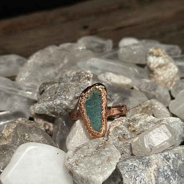 Blue Green Stone Ring Size 8 1/4 Electroformed Slag Ring Vintage Iron Ore Slag Copper Hand Textured Narrow Band Ring Unique Handmade Gift