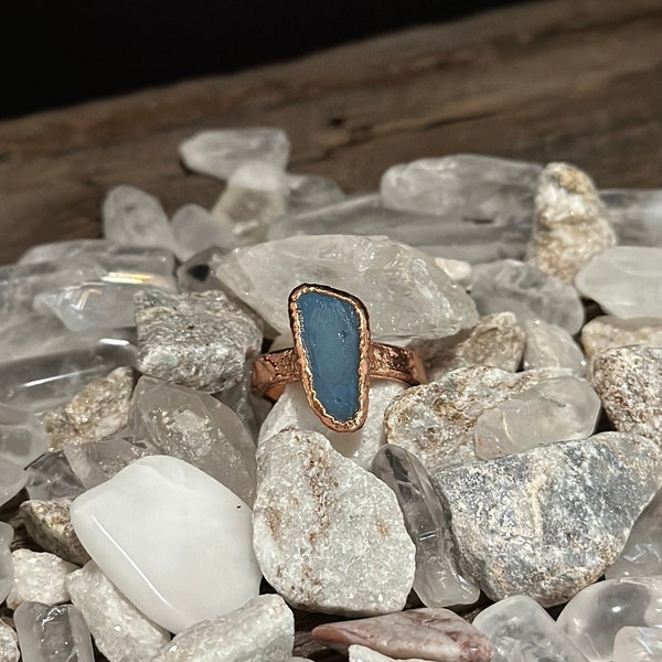Beautiful Blue Stone Ring Size 9 Vintage Iron Ore Slag Electroformed Ring Copper Hand Textured Narrow Band  Unique Ring